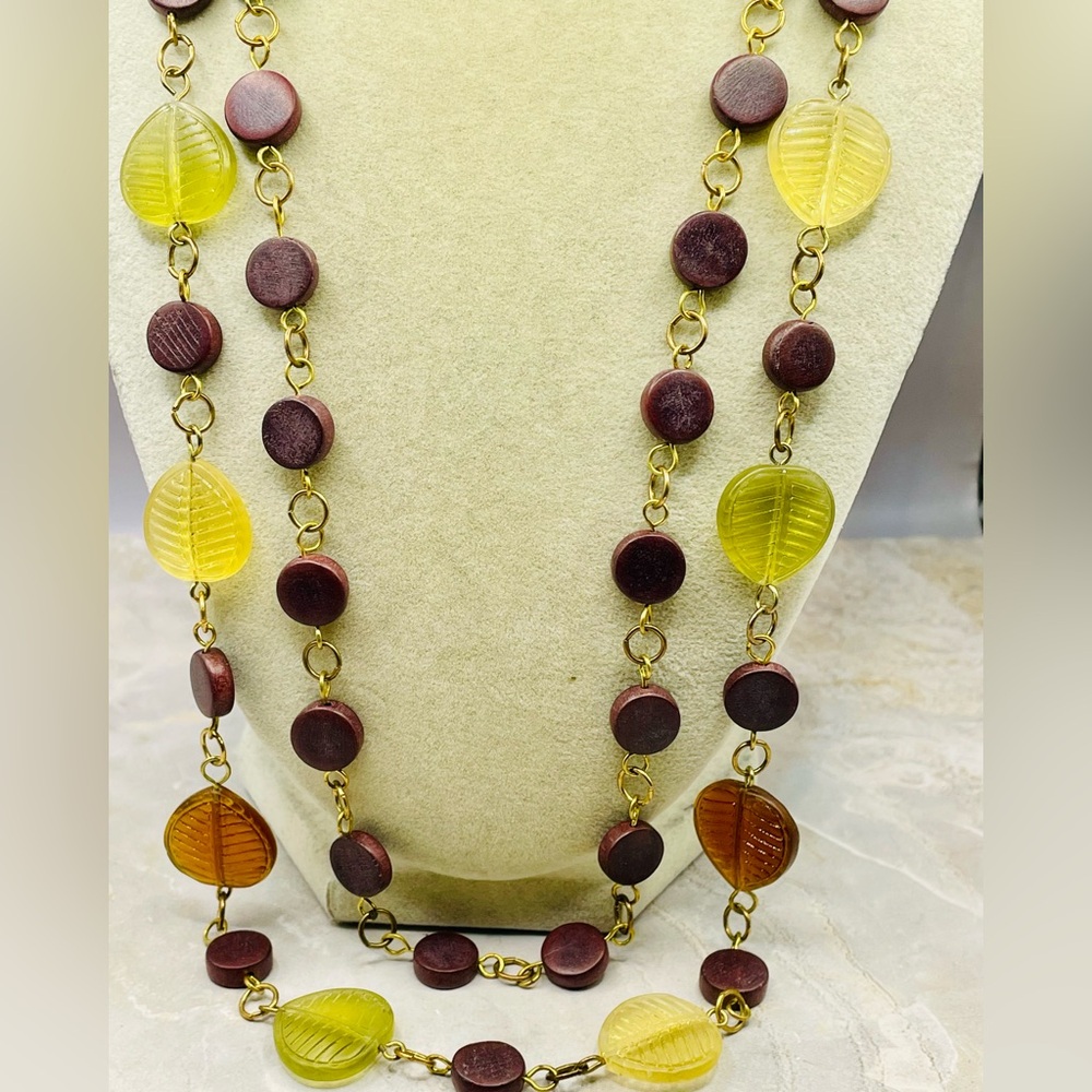 Gold and Brown Beaded Necklace with Leaf Bead Accents. Yellow, Green. 26 inches